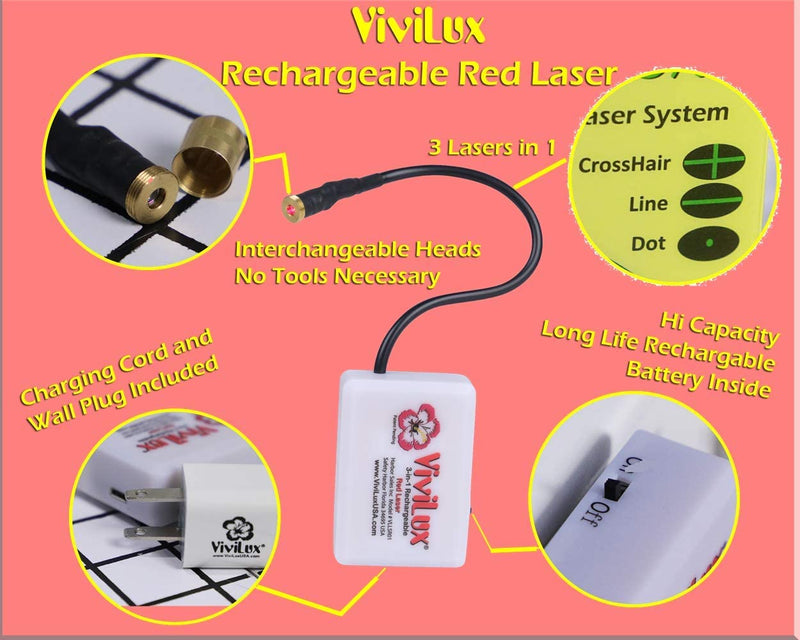 ViviLux 3-in-1 Rechargeable RED Laser System with Adjustable Line, Crosshairs and Dot Illumination Heads; Innovative Sewing and Quilting Notion for Precise Stitching; Mounts with Hook and Loop Tape